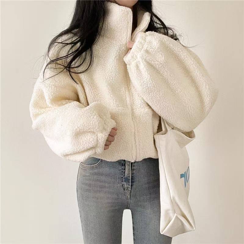 Sherpa Hoodie Fleece - Kadınlar için Dik Yaka Kısaltılmış Fermuarlı